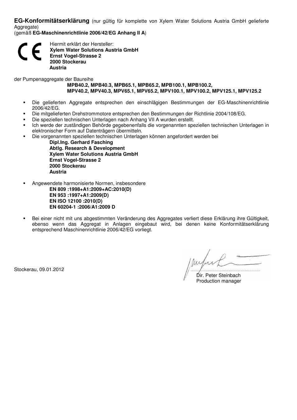 Eg-konformitätserklärung | Xylem MPV User Manual | Page 2 / 122