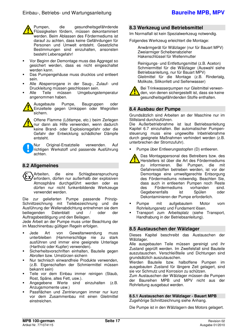 Baureihe mpb, mpv, Einbau-, betriebs- und wartungsanleitung, 2 allgemeines | 3 werkzeug und betriebsmittel, 4 ausbau der pumpe, 5 austauschen der wälzlager | Xylem MPV User Manual | Page 21 / 122