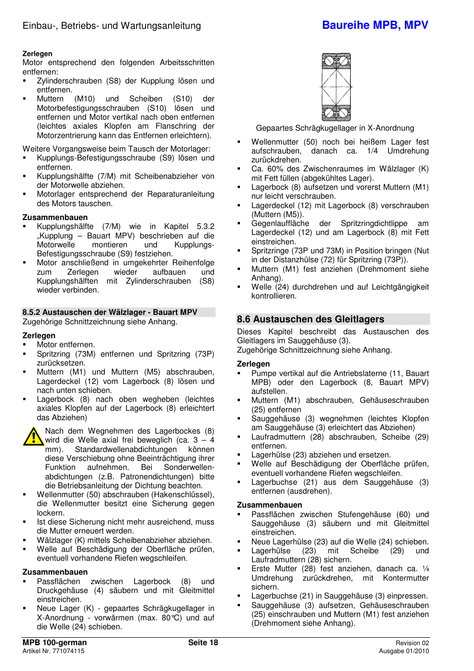 Baureihe mpb, mpv, Einbau-, betriebs- und wartungsanleitung, 6 austauschen des gleitlagers | Xylem MPV User Manual | Page 22 / 122