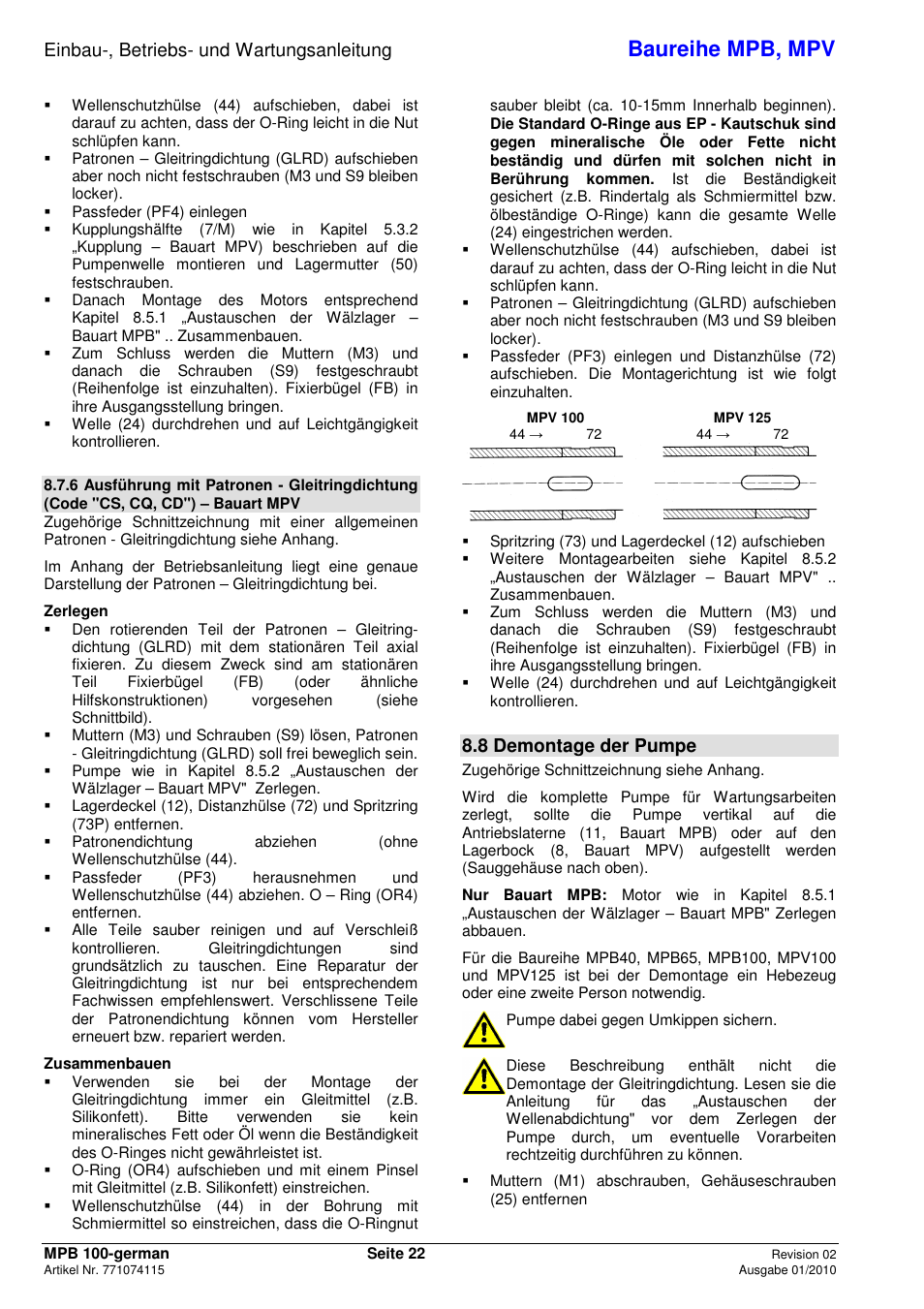 Baureihe mpb, mpv, Einbau-, betriebs- und wartungsanleitung, 8 demontage der pumpe | Xylem MPV User Manual | Page 26 / 122