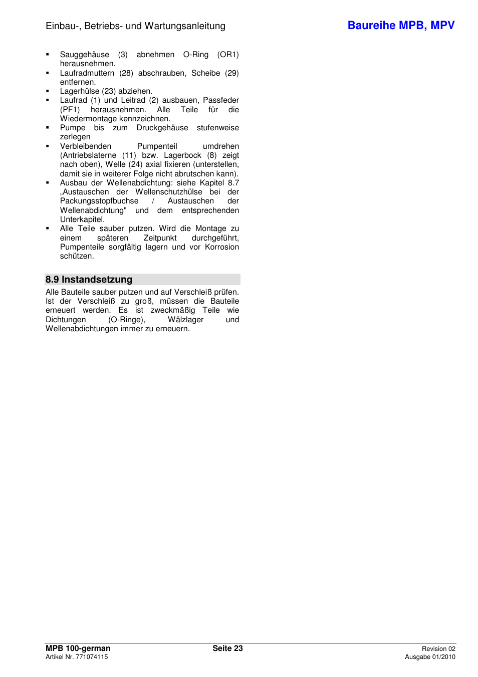 Baureihe mpb, mpv, Einbau-, betriebs- und wartungsanleitung, 9 instandsetzung | Xylem MPV User Manual | Page 27 / 122