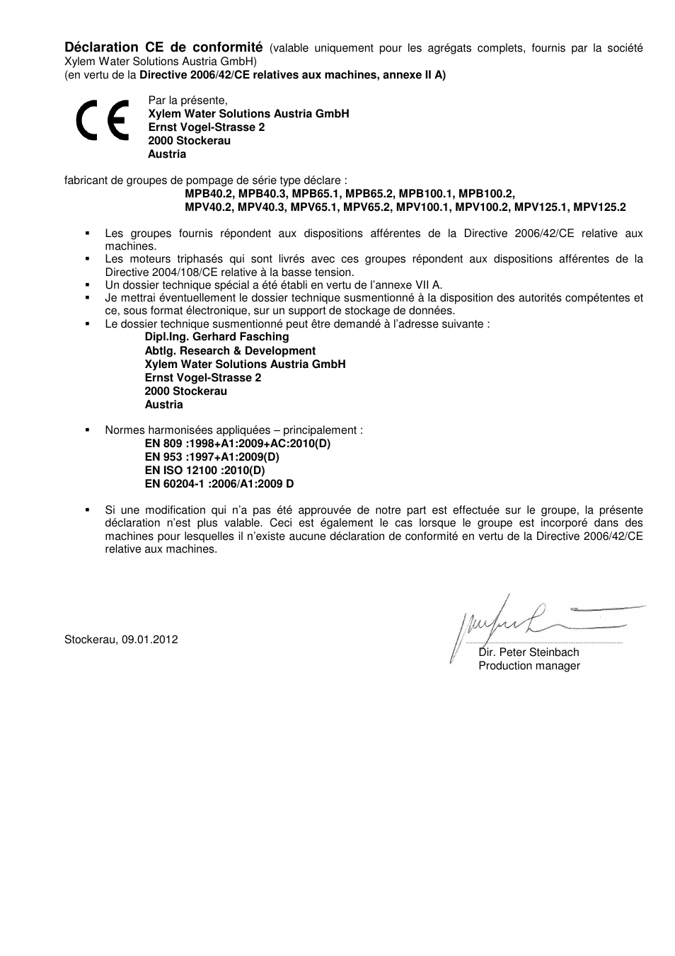 Déclaration ce de conformité | Xylem MPV User Manual | Page 3 / 122