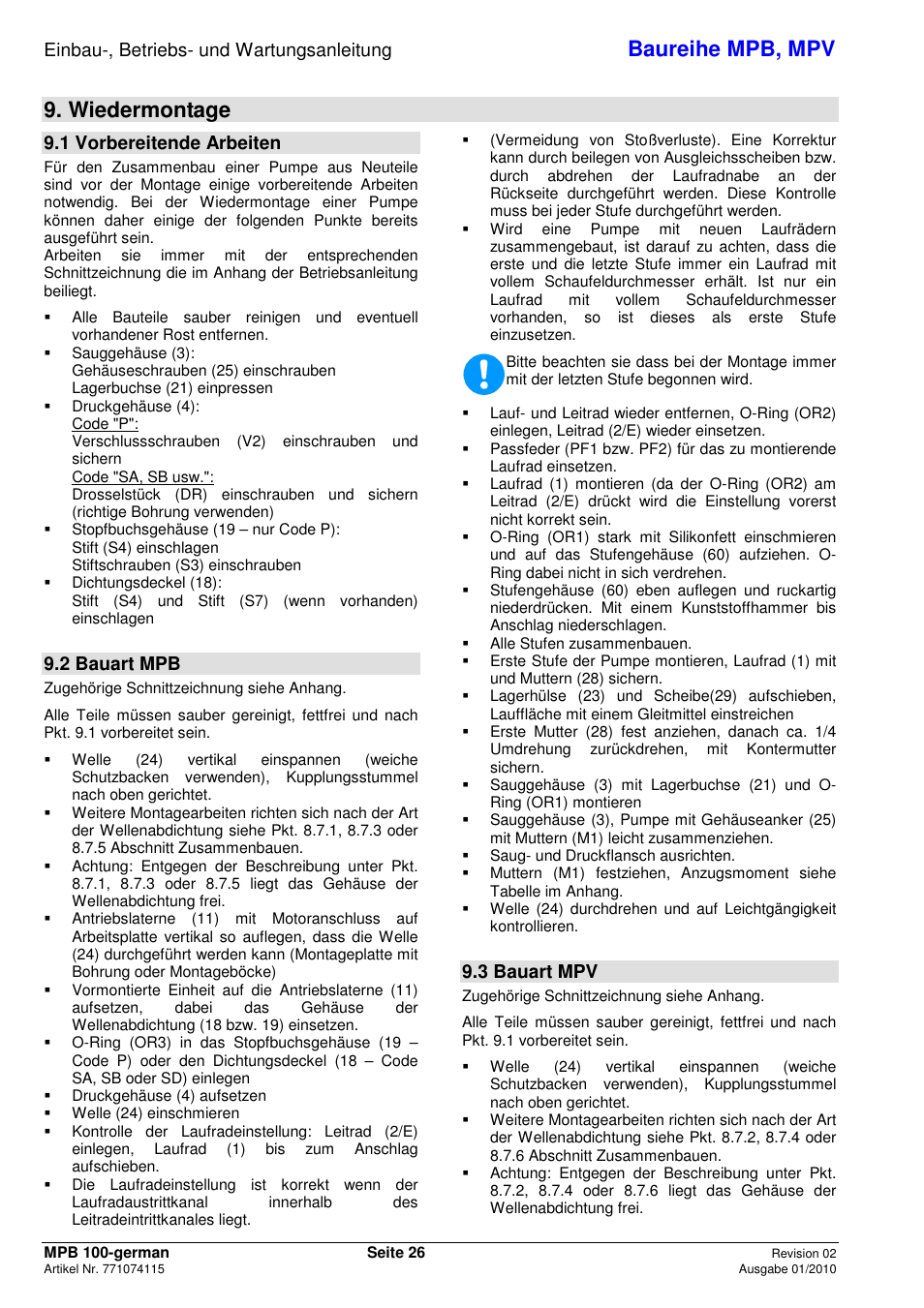 Baureihe mpb, mpv, Wiedermontage, Einbau-, betriebs- und wartungsanleitung | 1 vorbereitende arbeiten, 2 bauart mpb, 3 bauart mpv | Xylem MPV User Manual | Page 30 / 122