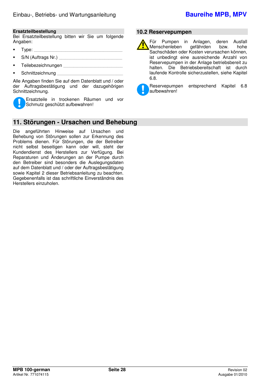 Baureihe mpb, mpv, Störungen - ursachen und behebung, Einbau-, betriebs- und wartungsanleitung | 2 reservepumpen | Xylem MPV User Manual | Page 32 / 122