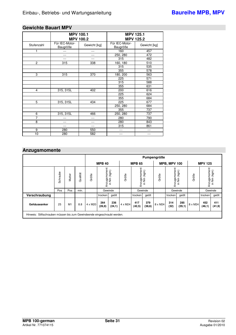 Baureihe mpb, mpv, Einbau-, betriebs- und wartungsanleitung, Gewichte bauart mpv | Anzugsmomente | Xylem MPV User Manual | Page 35 / 122
