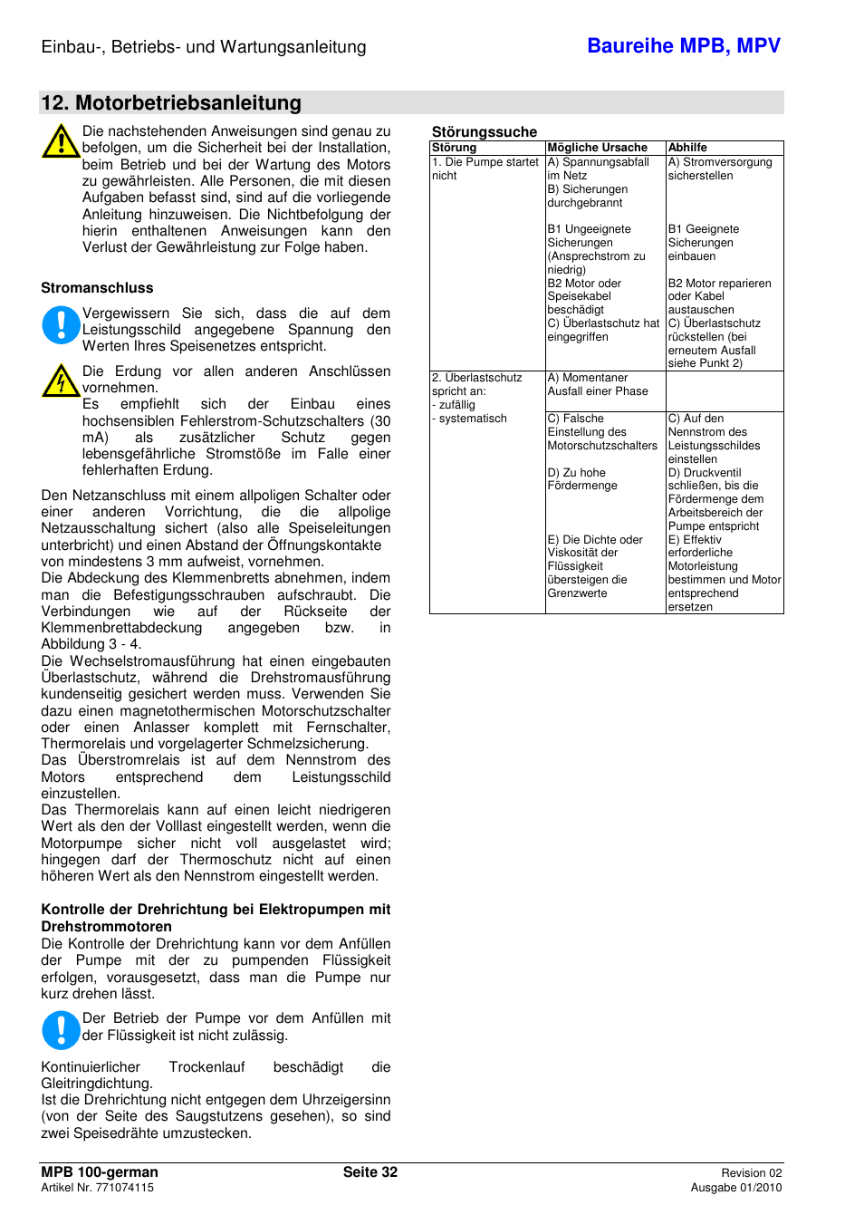 Baureihe mpb, mpv, Motorbetriebsanleitung, Einbau-, betriebs- und wartungsanleitung | Xylem MPV User Manual | Page 36 / 122
