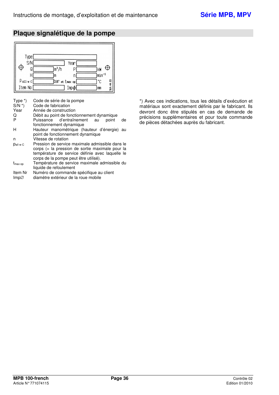 Série mpb, mpv, Plaque signalétique de la pompe | Xylem MPV User Manual | Page 40 / 122