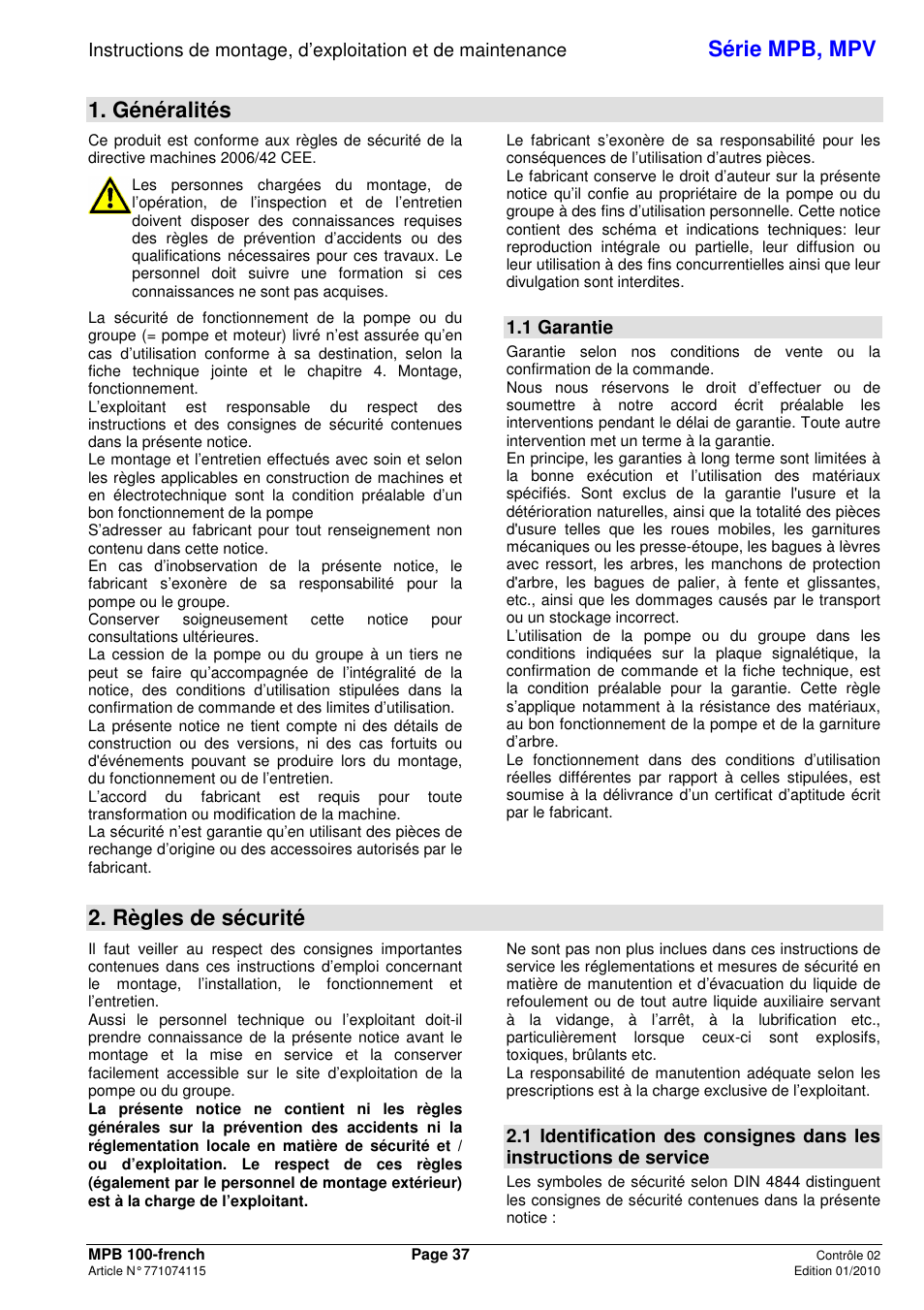 Série mpb, mpv, Généralités, Règles de sécurité | Xylem MPV User Manual | Page 41 / 122