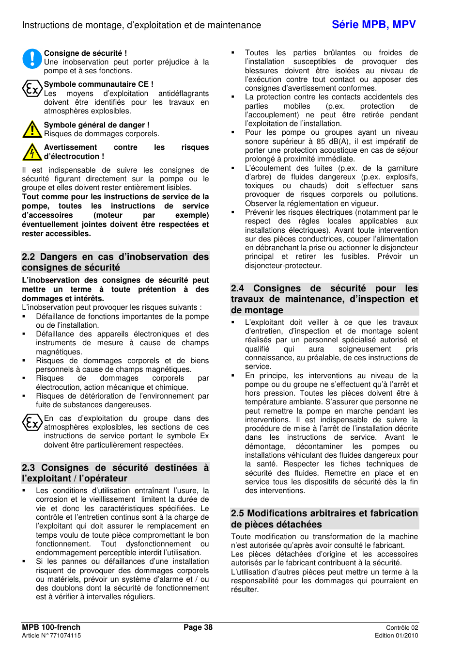 Série mpb, mpv | Xylem MPV User Manual | Page 42 / 122