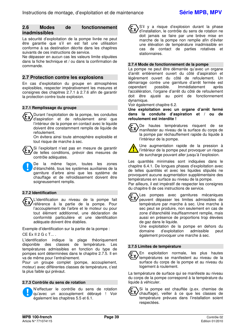 Série mpb, mpv, 6 modes de fonctionnement inadmissibles, 7 protection contre les explosions | Xylem MPV User Manual | Page 43 / 122
