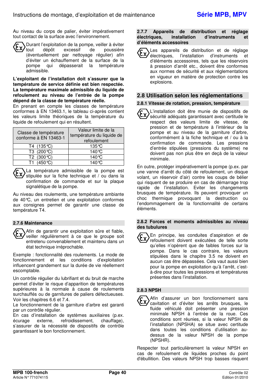Série mpb, mpv, 8 utilisation selon les réglementations | Xylem MPV User Manual | Page 44 / 122
