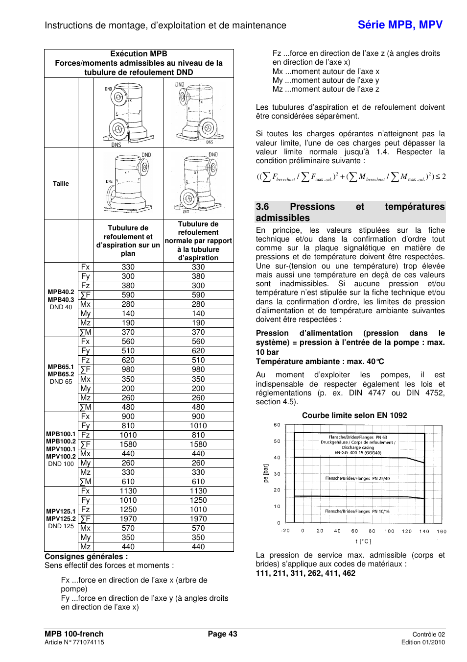 Série mpb, mpv, 6 pressions et températures admissibles | Xylem MPV User Manual | Page 47 / 122