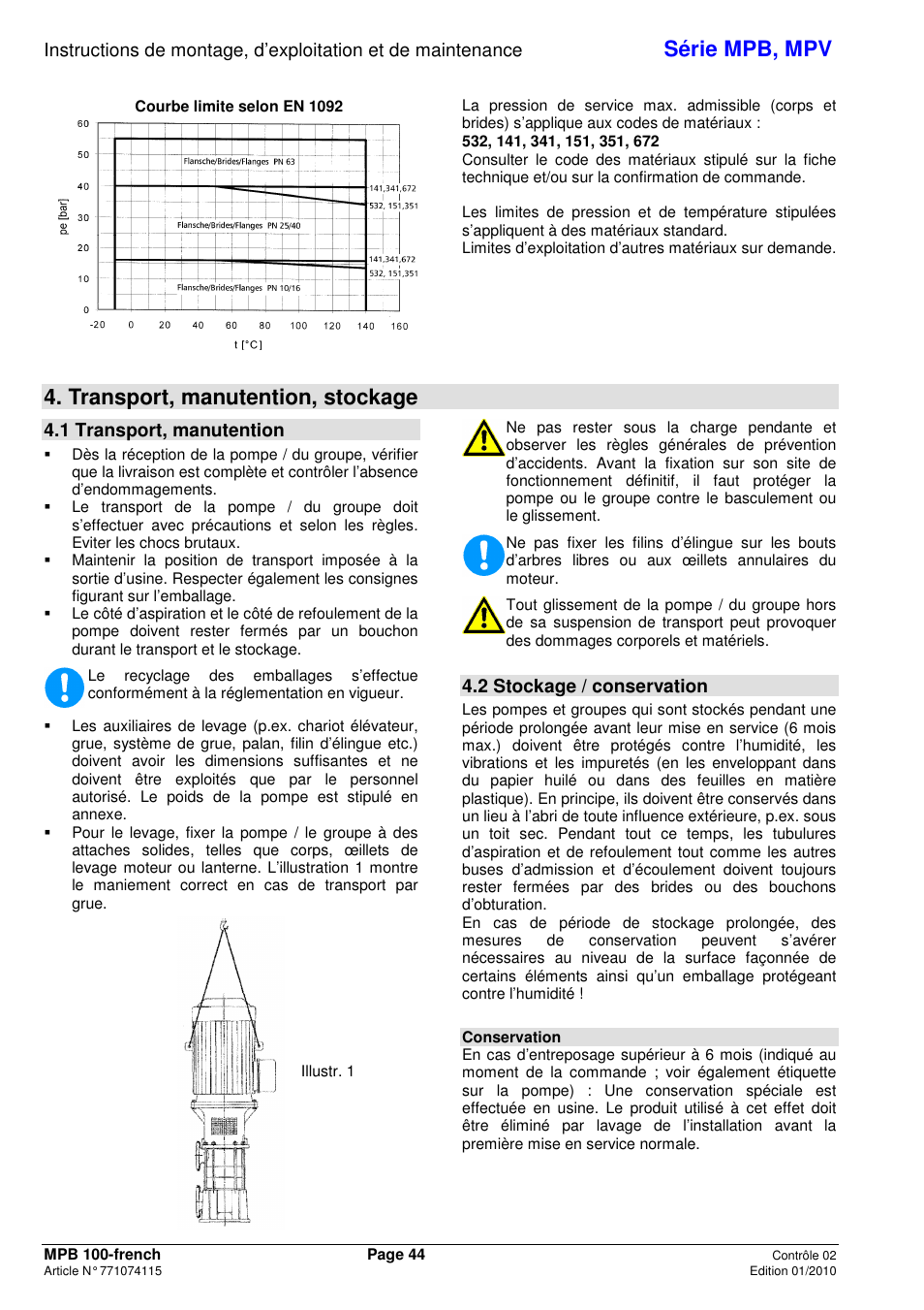 Série mpb, mpv, Transport, manutention, stockage, 1 transport, manutention | 2 stockage / conservation | Xylem MPV User Manual | Page 48 / 122