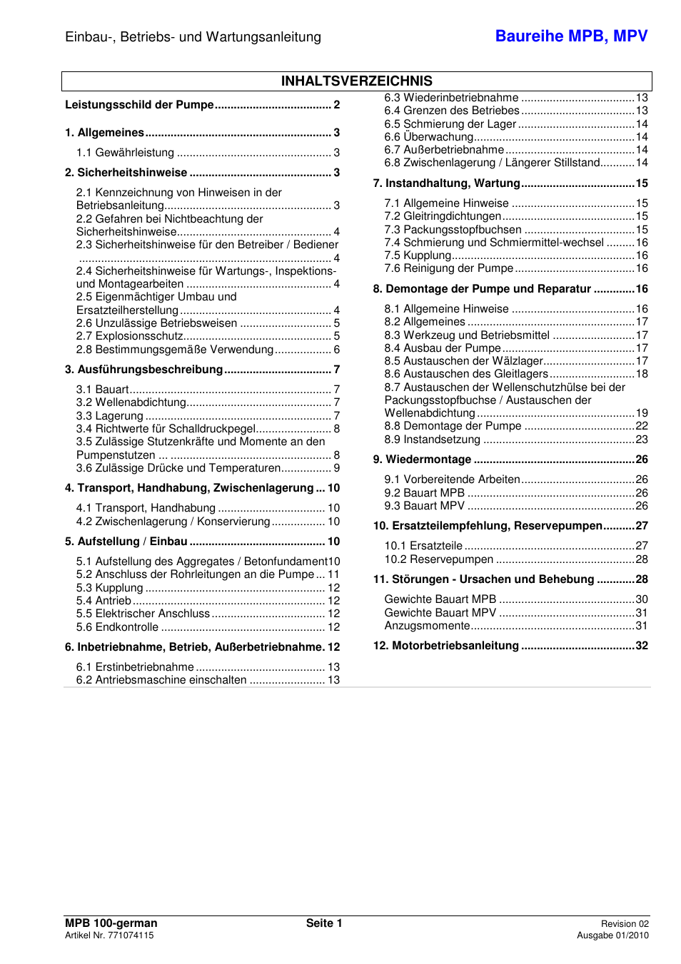 Baureihe mpb, mpv | Xylem MPV User Manual | Page 5 / 122