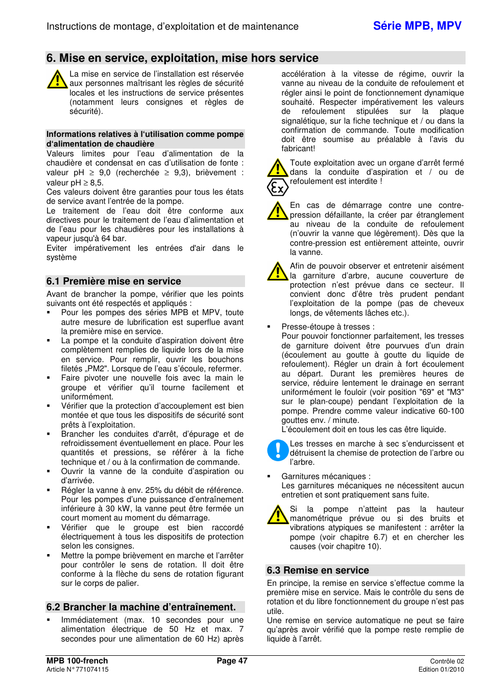 Série mpb, mpv, Mise en service, exploitation, mise hors service, 1 première mise en service | 2 brancher la machine d’entraînement, 3 remise en service | Xylem MPV User Manual | Page 51 / 122