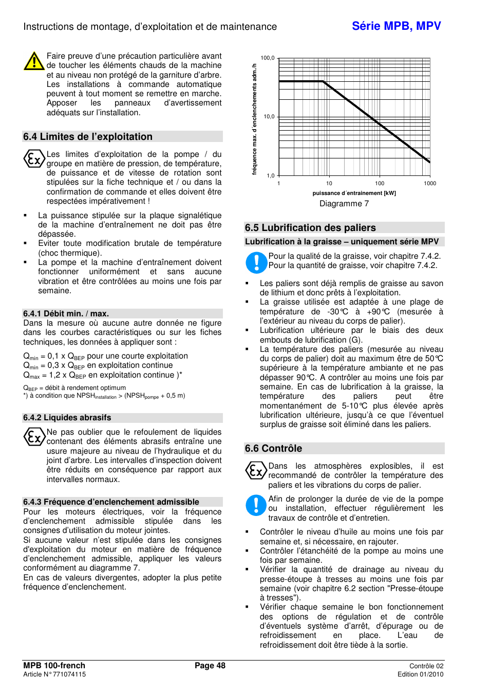 Série mpb, mpv, 4 limites de l’exploitation, 5 lubrification des paliers | 6 contrôle | Xylem MPV User Manual | Page 52 / 122