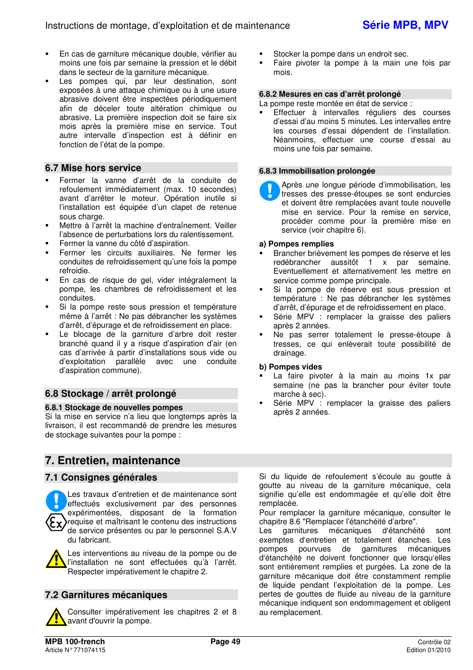 Série mpb, mpv, Entretien, maintenance, 7 mise hors service | 8 stockage / arrêt prolongé, 1 consignes générales, 2 garnitures mécaniques | Xylem MPV User Manual | Page 53 / 122