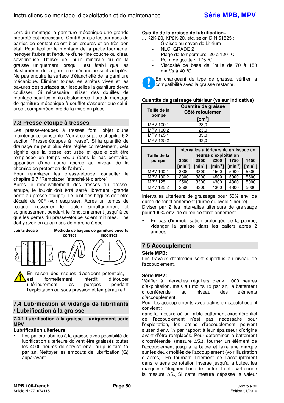 Série mpb, mpv, 3 presse-étoupe à tresses, 5 accouplement | Xylem MPV User Manual | Page 54 / 122