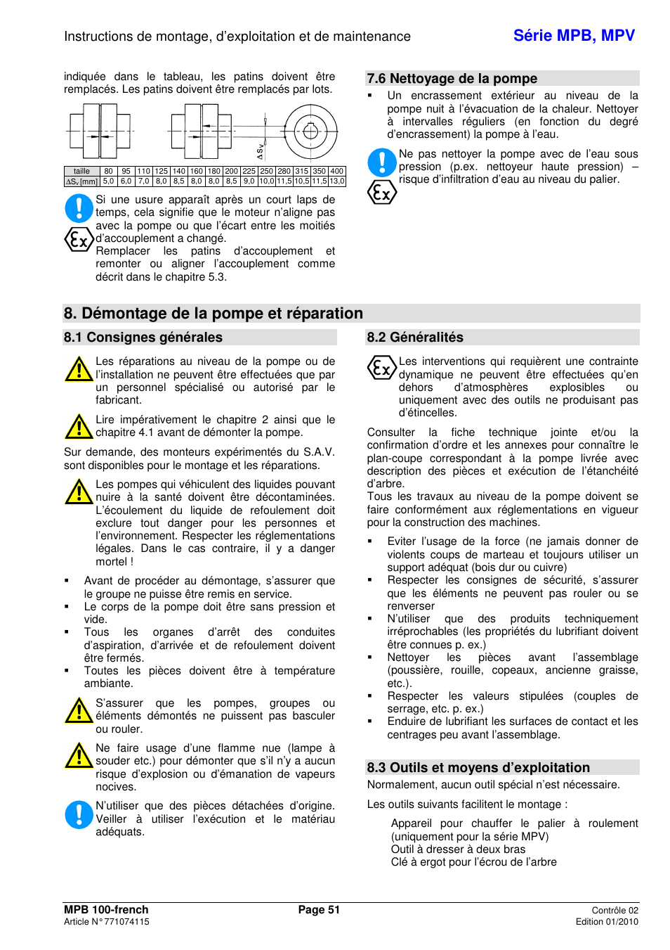 Série mpb, mpv, Démontage de la pompe et réparation, 6 nettoyage de la pompe | 1 consignes générales, 2 généralités, 3 outils et moyens d’exploitation | Xylem MPV User Manual | Page 55 / 122