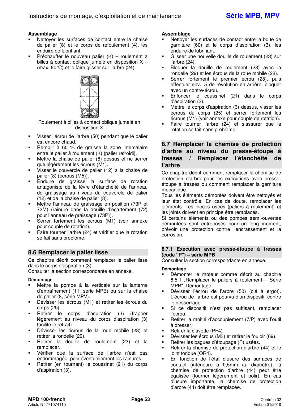 Série mpb, mpv, 6 remplacer le palier lisse | Xylem MPV User Manual | Page 57 / 122