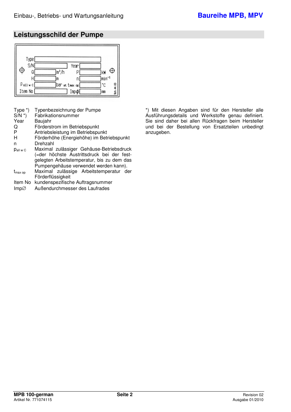 Baureihe mpb, mpv, Leistungsschild der pumpe, Einbau-, betriebs- und wartungsanleitung | Xylem MPV User Manual | Page 6 / 122