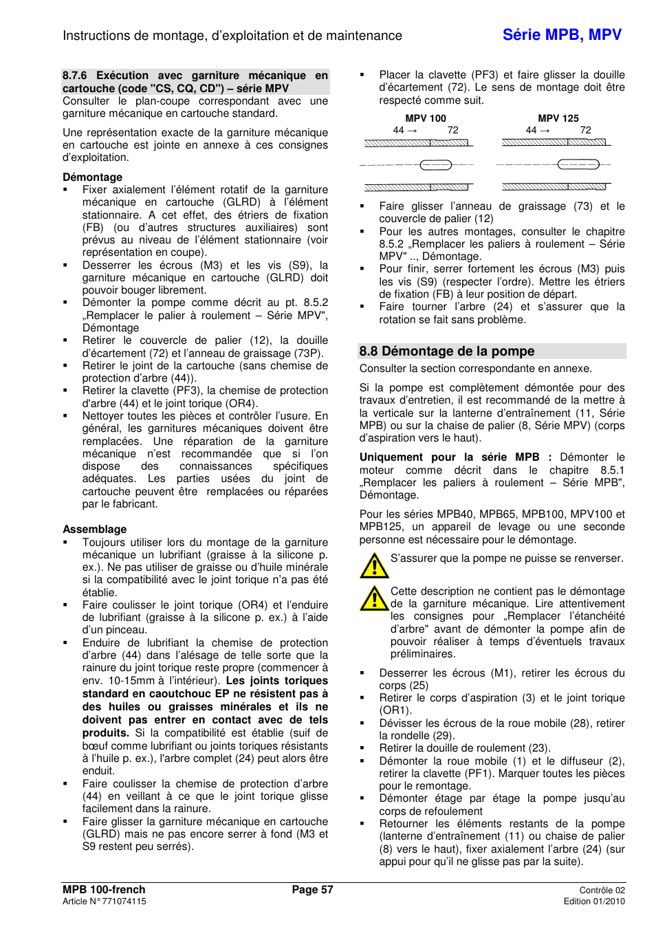 Série mpb, mpv, 8 démontage de la pompe | Xylem MPV User Manual | Page 61 / 122
