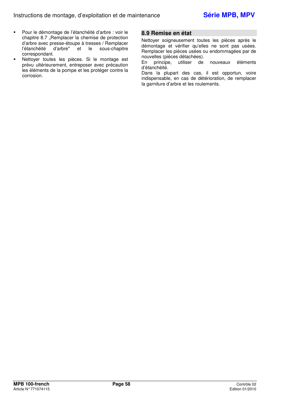 Série mpb, mpv, 9 remise en état | Xylem MPV User Manual | Page 62 / 122