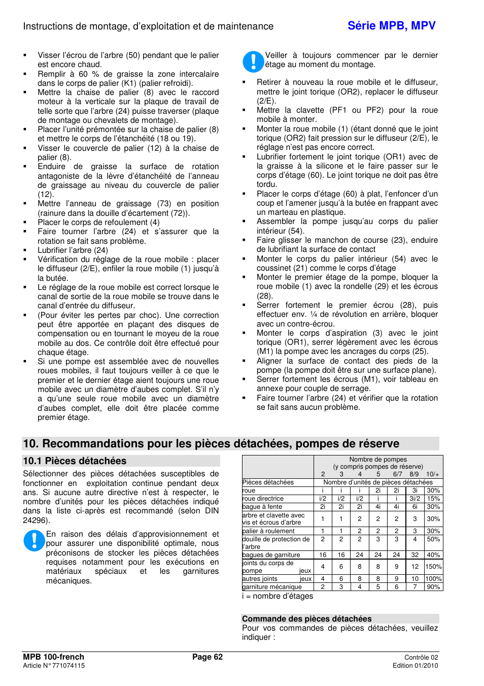 Série mpb, mpv, 1 pièces détachées | Xylem MPV User Manual | Page 66 / 122