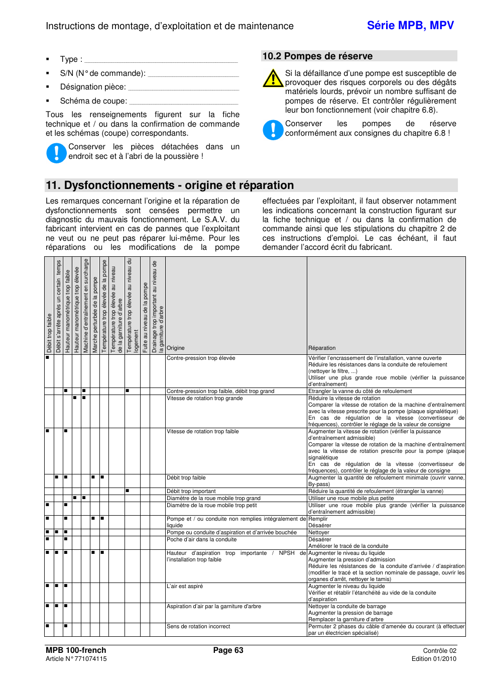 Série mpb, mpv, Dysfonctionnements - origine et réparation, 2 pompes de réserve | Type, S/n (n° de commande), Désignation pièce, Schéma de coupe | Xylem MPV User Manual | Page 67 / 122