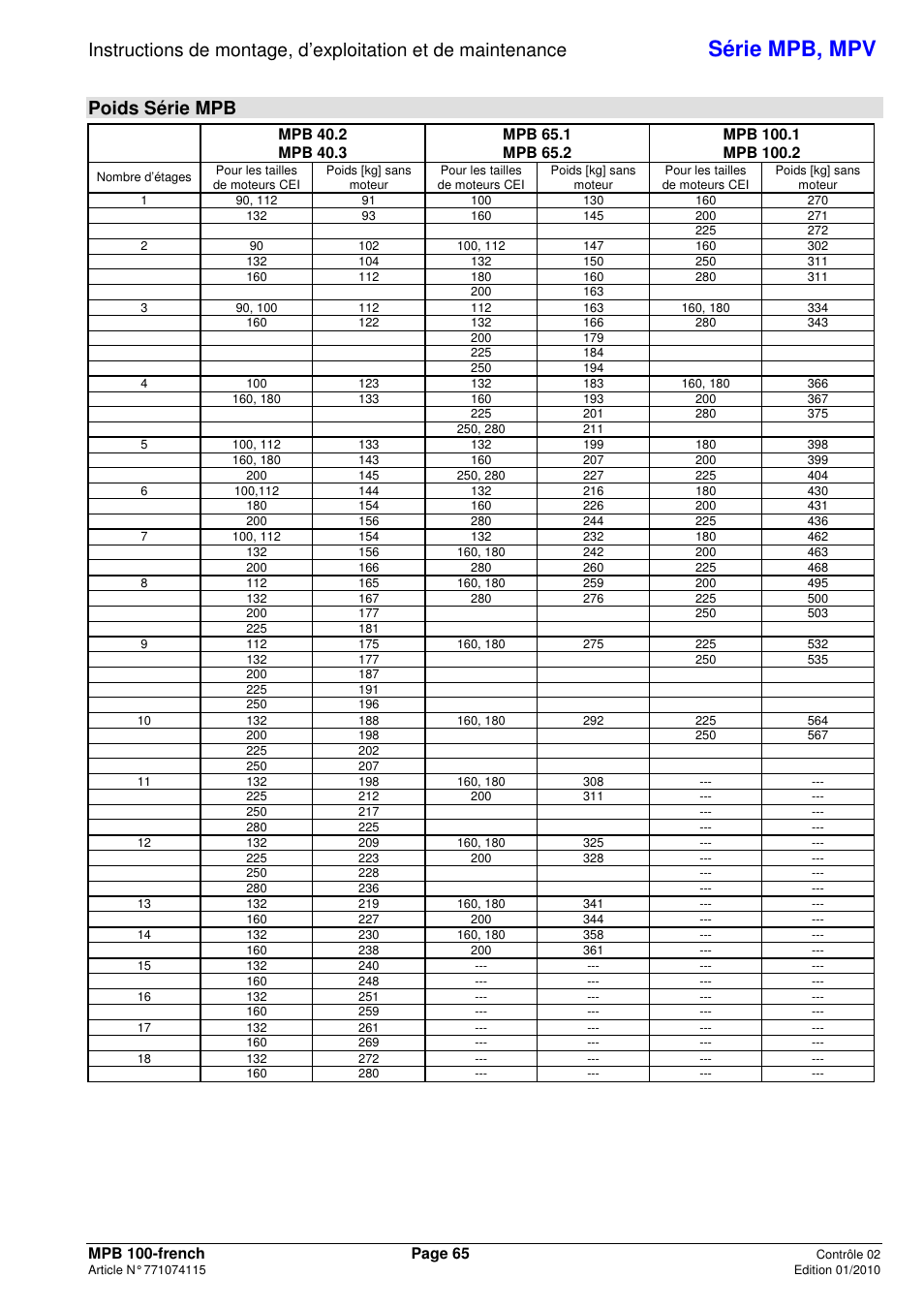 Série mpb, mpv, Poids série mpb | Xylem MPV User Manual | Page 69 / 122
