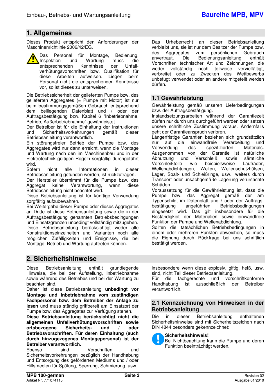 Baureihe mpb, mpv, Allgemeines, Sicherheitshinweise | Einbau-, betriebs- und wartungsanleitung, 1 gewährleistung | Xylem MPV User Manual | Page 7 / 122