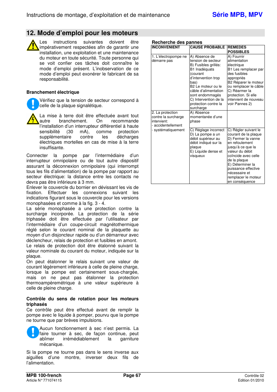 Série mpb, mpv, Mode d’emploi pour les moteurs | Xylem MPV User Manual | Page 71 / 122
