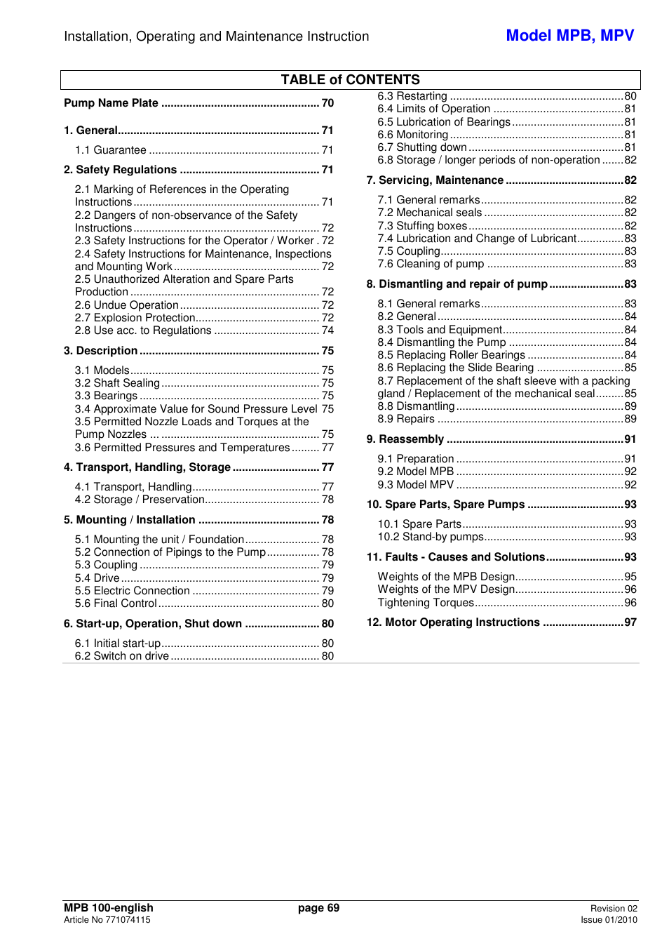Model mpb, mpv | Xylem MPV User Manual | Page 73 / 122