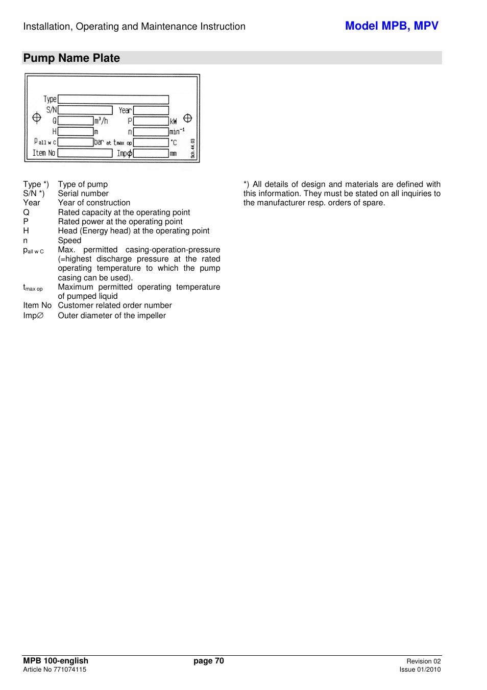 Model mpb, mpv, Pump name plate | Xylem MPV User Manual | Page 74 / 122