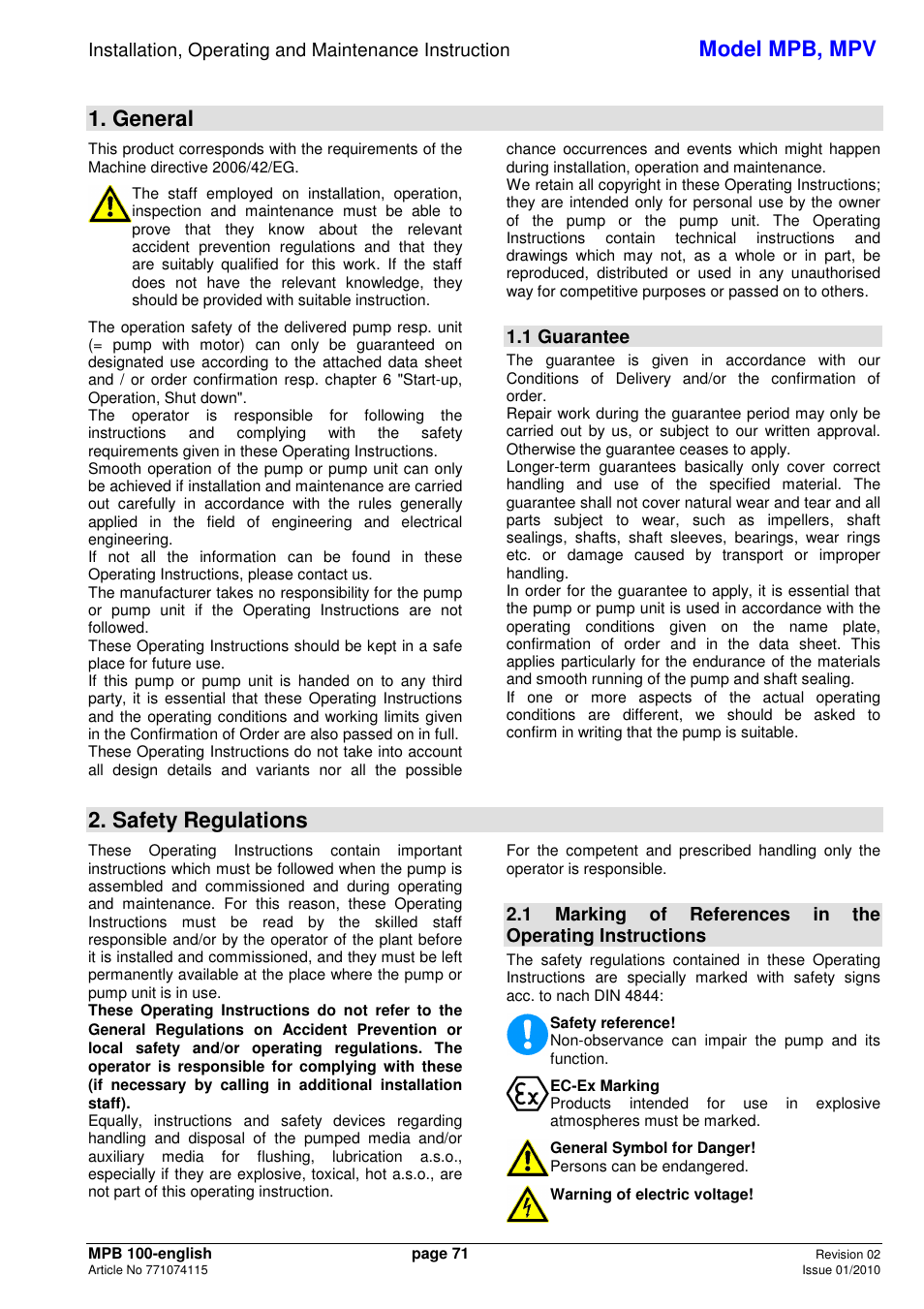 Model mpb, mpv, General, Safety regulations | 1 guarantee | Xylem MPV User Manual | Page 75 / 122