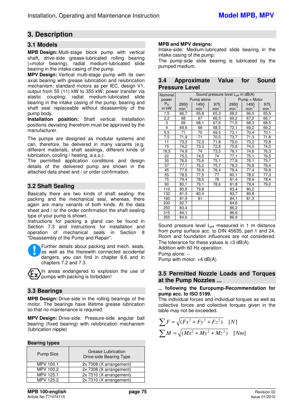 Model mpb, mpv, Description, 1 models | 2 shaft sealing, 3 bearings, 4 approximate value for sound pressure level, Nfz fy fx f, Nm mz my mx m | Xylem MPV User Manual | Page 79 / 122