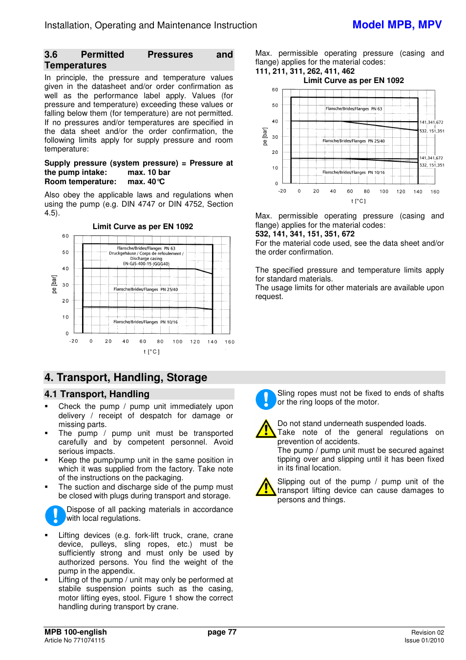 Model mpb, mpv, Transport, handling, storage, 6 permitted pressures and temperatures | 1 transport, handling | Xylem MPV User Manual | Page 81 / 122