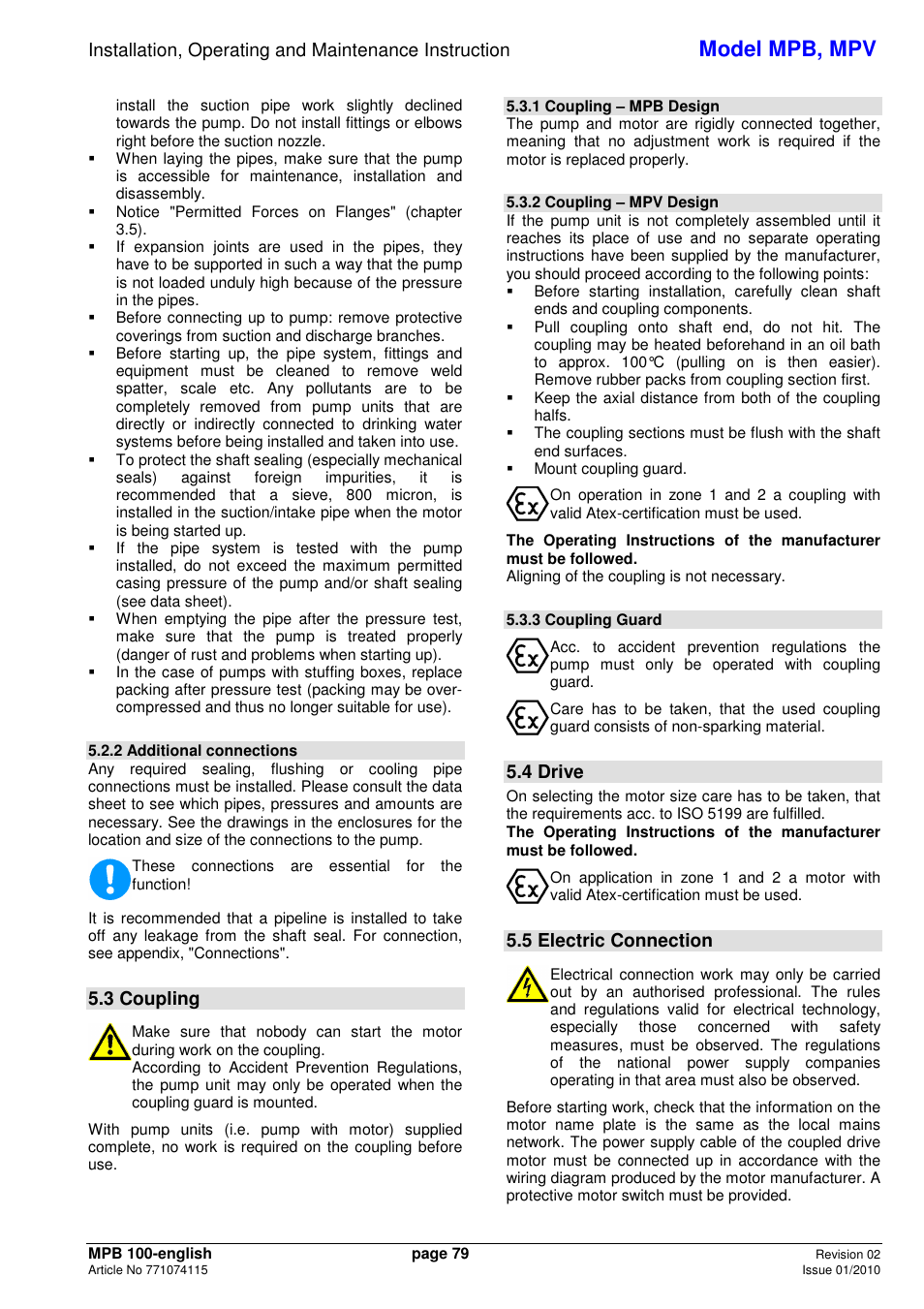 Model mpb, mpv, 3 coupling, 4 drive | 5 electric connection | Xylem MPV User Manual | Page 83 / 122