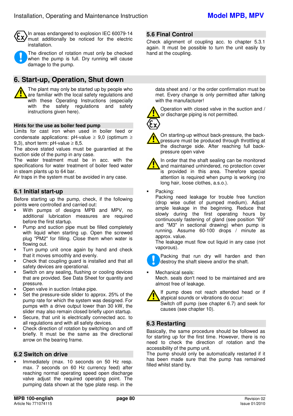 Model mpb, mpv, Start-up, operation, shut down, 6 final control | 1 initial start-up, 2 switch on drive, 3 restarting | Xylem MPV User Manual | Page 84 / 122