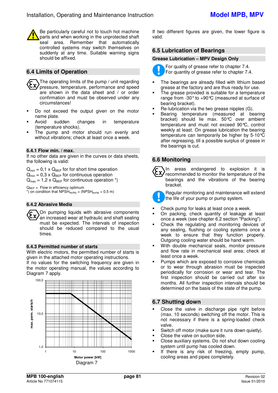 Model mpb, mpv, 4 limits of operation, 5 lubrication of bearings | 6 monitoring, 7 shutting down | Xylem MPV User Manual | Page 85 / 122