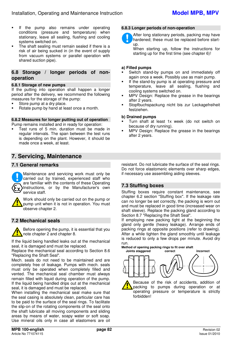 Model mpb, mpv, Servicing, maintenance, 8 storage / longer periods of non- operation | 1 general remarks, 2 mechanical seals, 3 stuffing boxes | Xylem MPV User Manual | Page 86 / 122