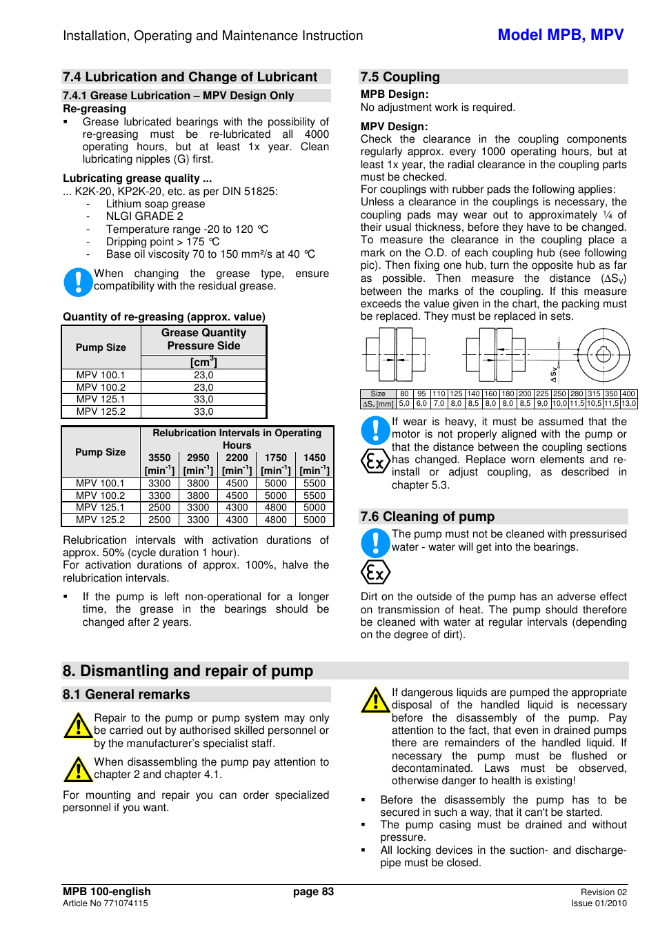 Model mpb, mpv, Dismantling and repair of pump, 4 lubrication and change of lubricant | 5 coupling, 6 cleaning of pump, 1 general remarks | Xylem MPV User Manual | Page 87 / 122