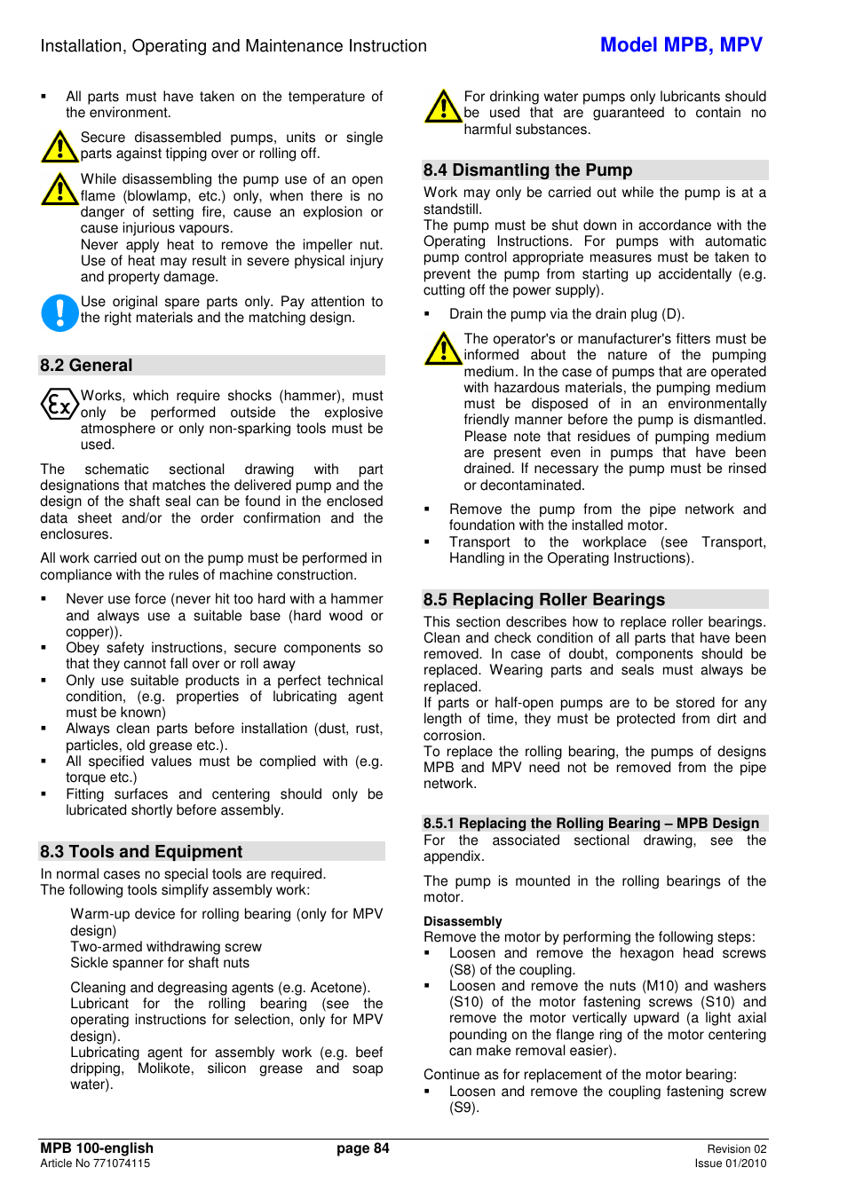 Model mpb, mpv, 2 general, 3 tools and equipment | 4 dismantling the pump, 5 replacing roller bearings | Xylem MPV User Manual | Page 88 / 122
