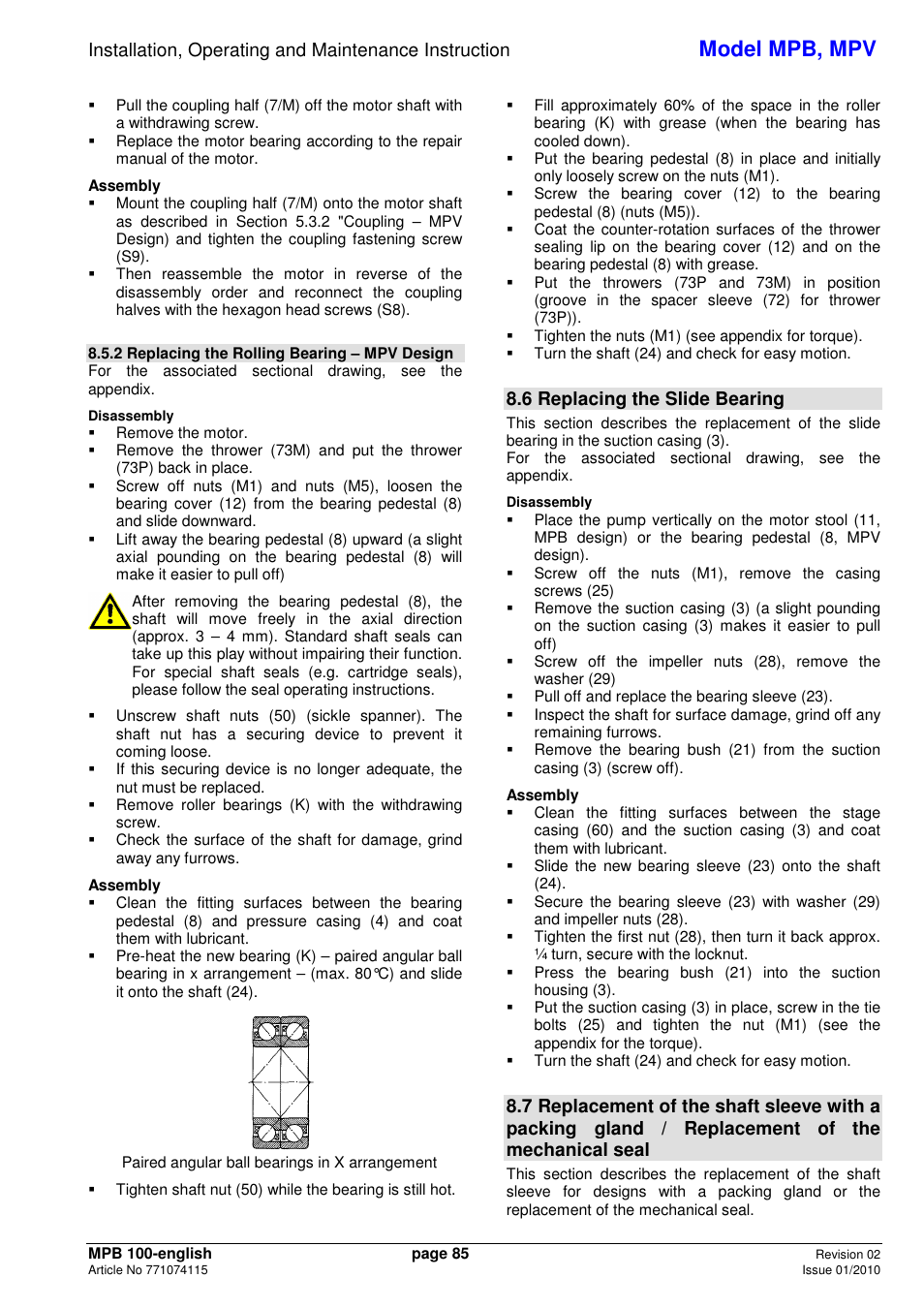 Model mpb, mpv, 6 replacing the slide bearing | Xylem MPV User Manual | Page 89 / 122