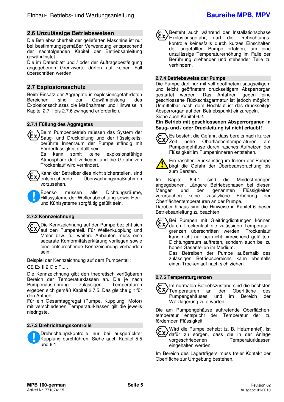 Baureihe mpb, mpv, Einbau-, betriebs- und wartungsanleitung, 6 unzulässige betriebsweisen | 7 explosionsschutz | Xylem MPV User Manual | Page 9 / 122