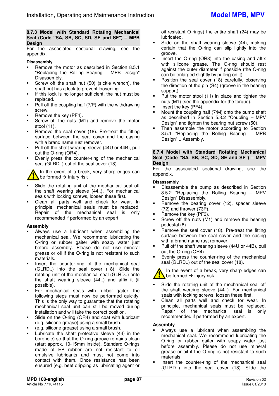 Model mpb, mpv | Xylem MPV User Manual | Page 91 / 122