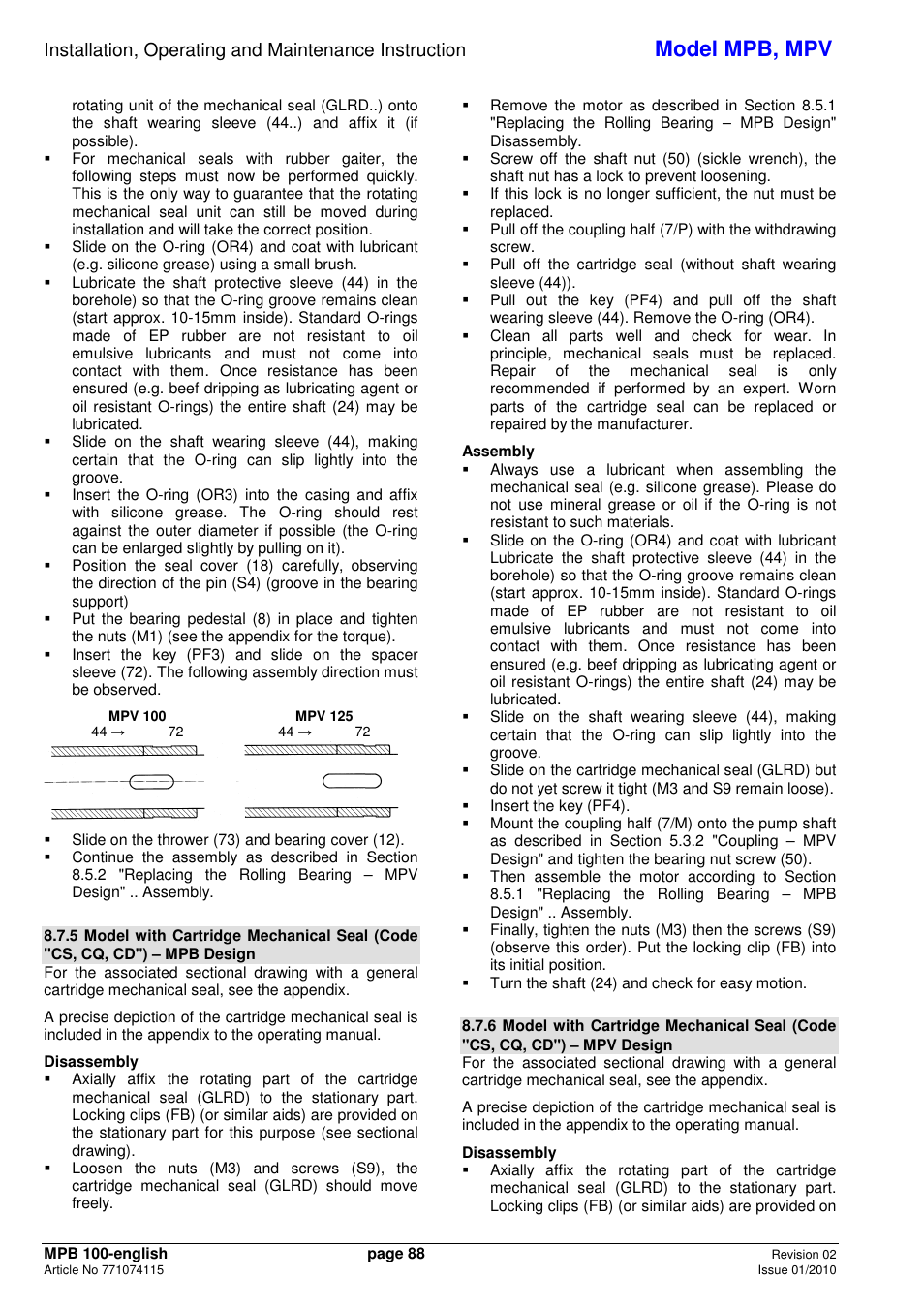 Model mpb, mpv | Xylem MPV User Manual | Page 92 / 122