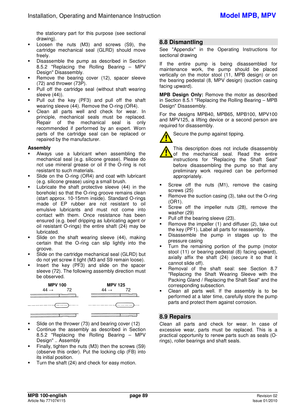 Model mpb, mpv, 8 dismantling, 9 repairs | Xylem MPV User Manual | Page 93 / 122