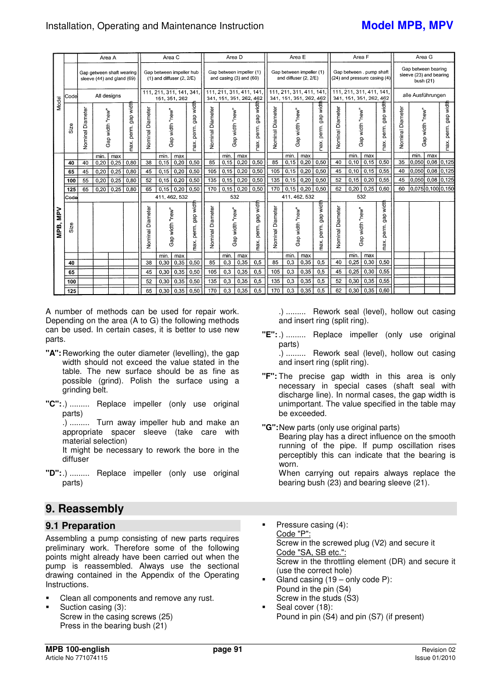 Model mpb, mpv, Reassembly, 1 preparation | Xylem MPV User Manual | Page 95 / 122