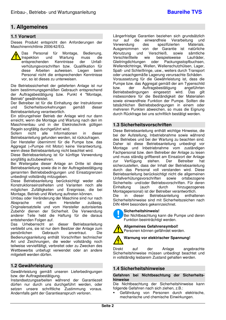 Baureihe tvs, Allgemeines, Einbau-, betriebs- und wartungsanleitung | 1 vorwort, 2 gewährleistung, 3 sicherheitsvorschriften, 4 sicherheitshinweise | Xylem TVS User Manual | Page 10 / 84